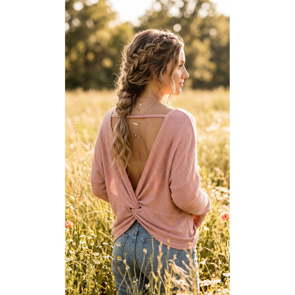 Alya L Knit Top Tee Pink Waffle Open Back Boho Casual Athleisure Cottageโ LS